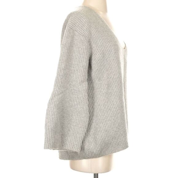 Cuyana Wool Cashmere Grey Ribbed Oversized Bell Sleeve V-Neck Sweater Size XS - Picture 4 of 6
